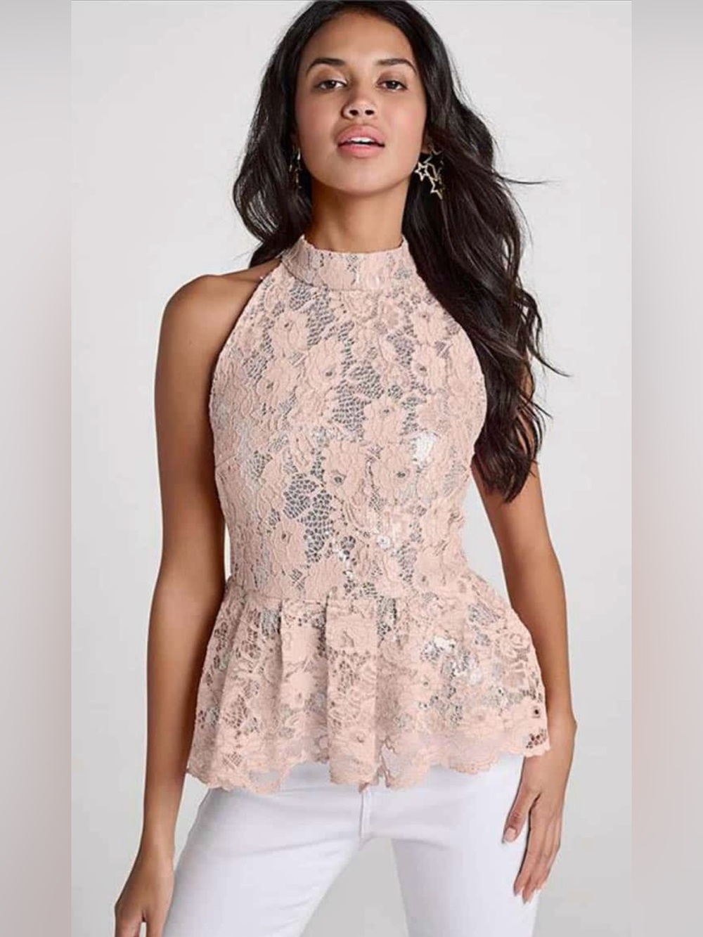VENUS Blush Sequin Pink Lace Peplum Halter Top NWOT